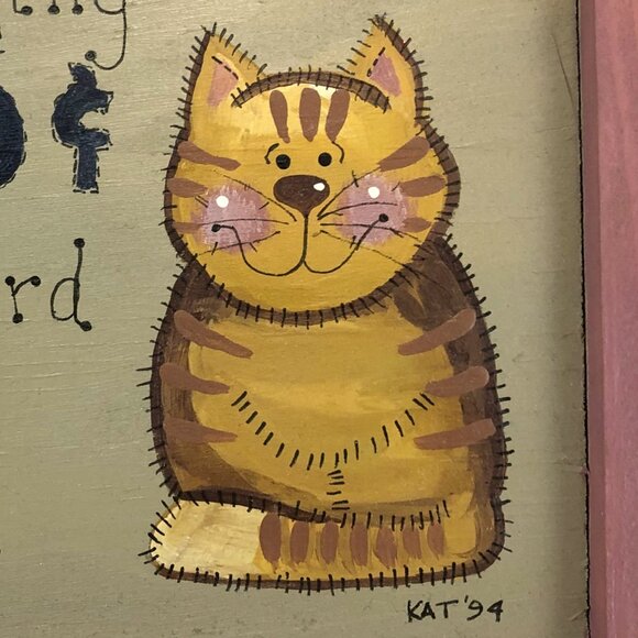 Handmade Cat Painting with Funny Quote Signed Art in 6½” by 6½” Pink Wood Frame - Picture 3 of 5